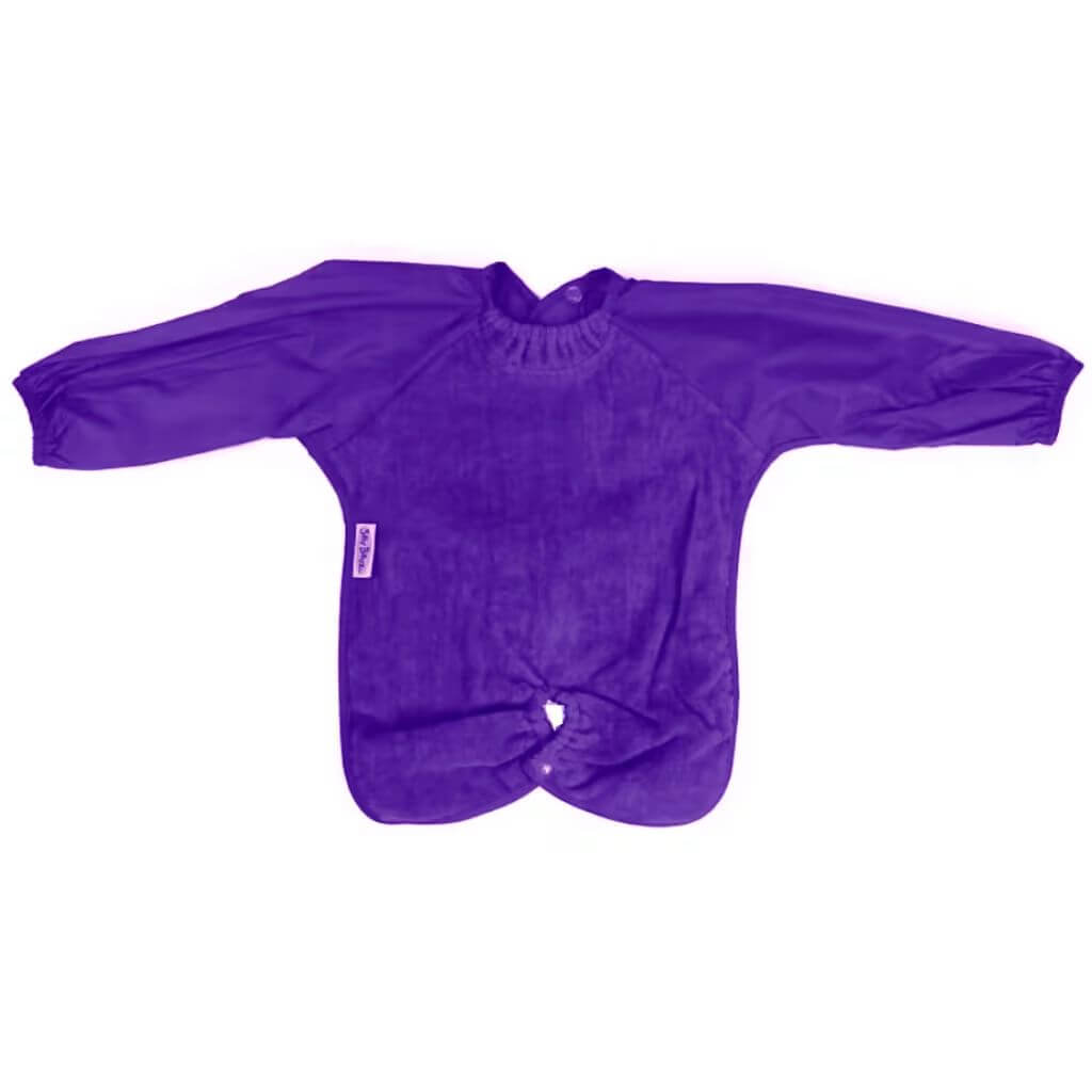 Purple Silly Billyz Towel Highchair Long Sleeve Bib with full coverage, soft waterproof sleeves, and secure back fastening.