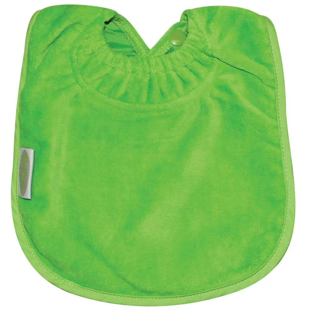 Lime Silly Billyz Towel Large Bib, featuring a soft absorbent front, waterproof backing, and snap neck closure.