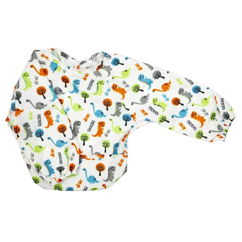 Roar print Silly Billyz long sleeve wipe-clean bib offering full coverage and waterproof protection for mess-free mealtimes and activities.