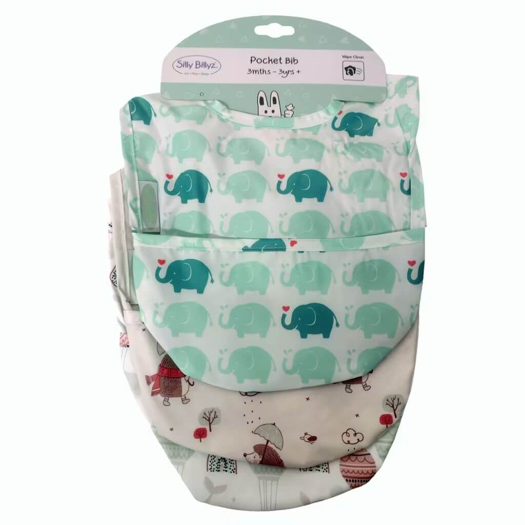 Silly Billyz wipe-clean pocket bibs 3-pack, featuring elephant print and neutral designs for ages 3 months to 3 years.