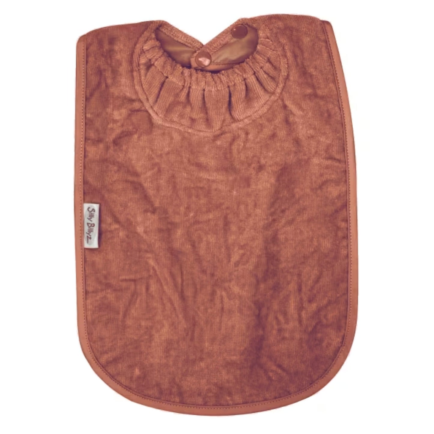 Silly Billyz Towel XL Bib in morocco brown with soft cotton velour front, waterproof backing and gathered snuggle neck with adjustable double press stud fastening.