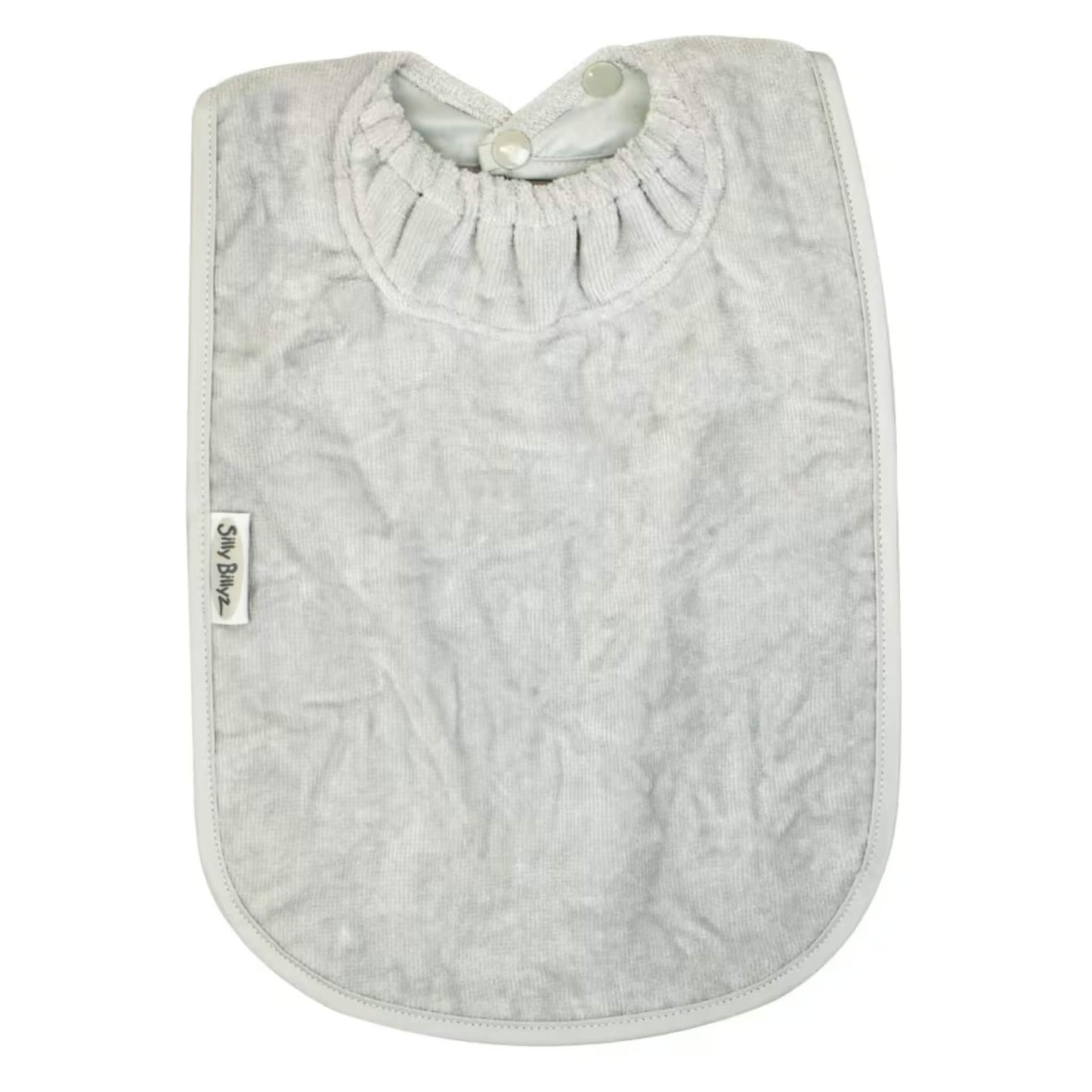 Silly Billyz Towel XL Bib in light grey with soft cotton velour front, waterproof backing and gathered snuggle neck with adjustable double press stud fastening.