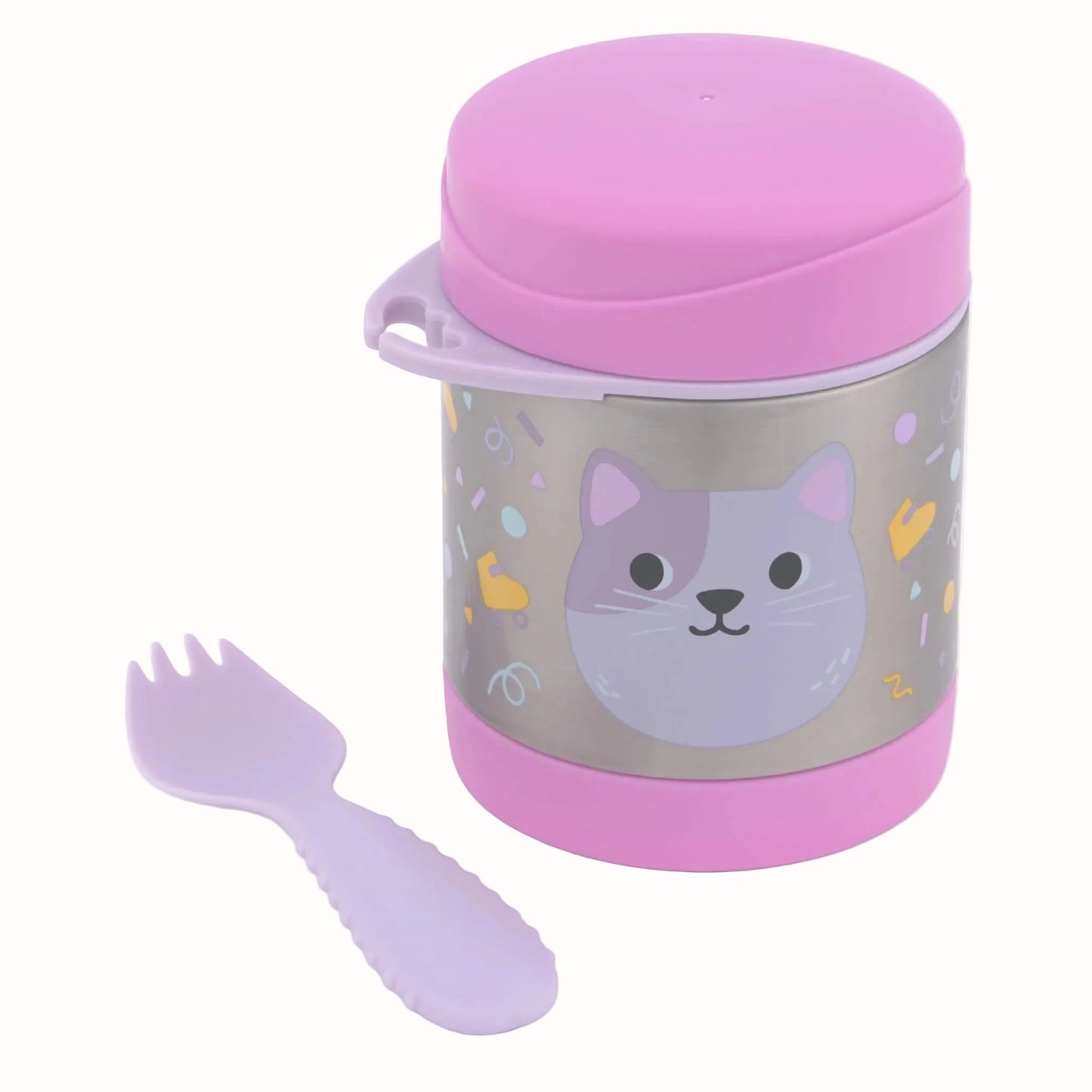 A pink and grey cat-themed kids lunch container with a matching purple spork, shown on a clean white background.