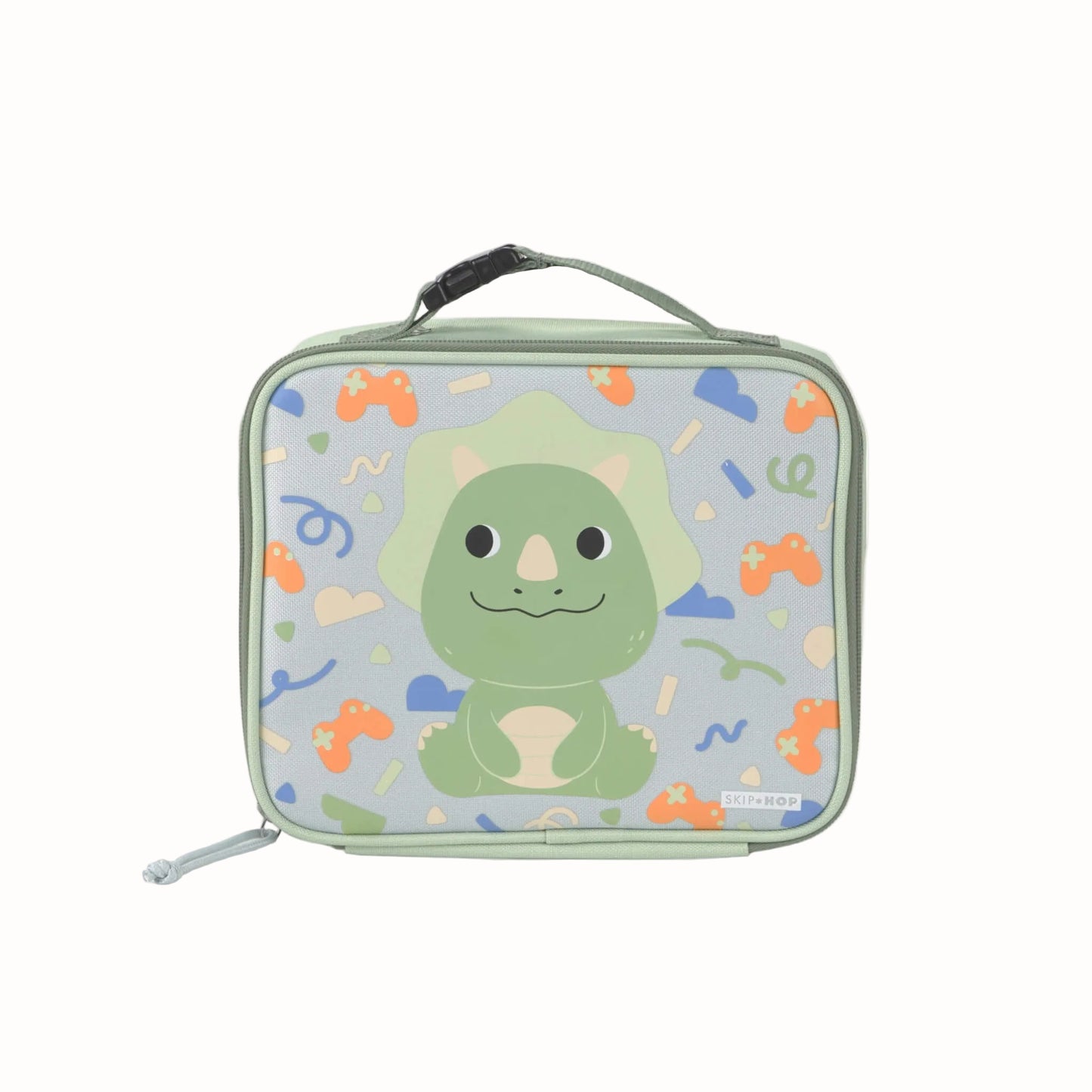 A square-shaped lunch bag with a light green handle and zipper, featuring a cute green dinosaur character on a light blue background with colorful retro game controller and squiggle patterns.