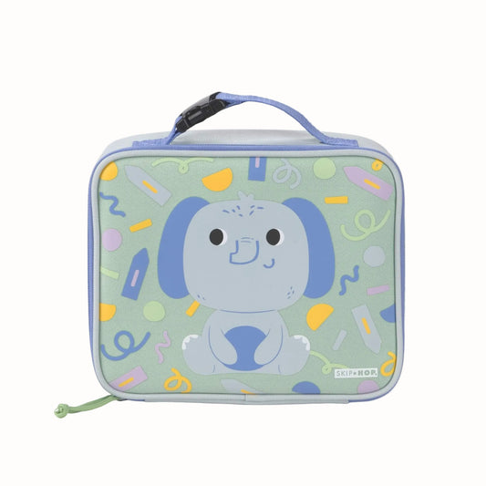 A square-shaped lunch bag with a light blue handle and zipper, featuring a cartoon elephant character on a pale green background with colourful doodles. The brand name 'SKIP HOP' is visible in the bottom right corner.