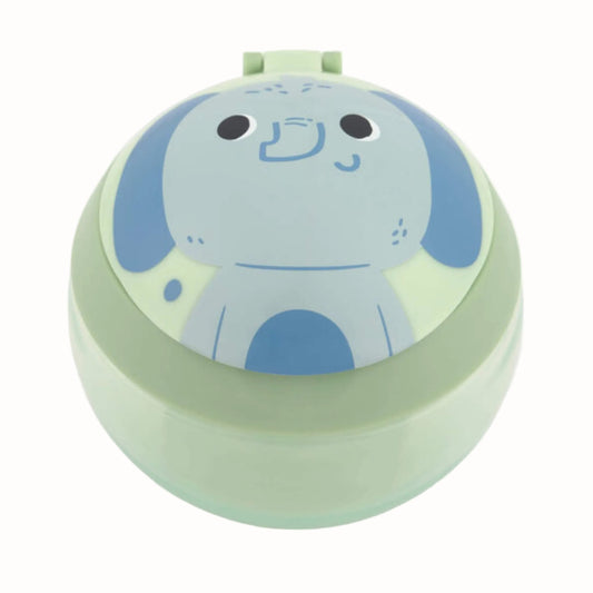 A pale green toddler snack cup viewed from the front, with a blue elephant character illustrated across the round flip-top lid.