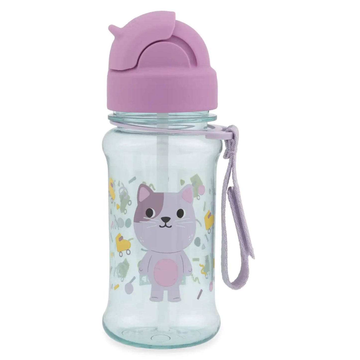 A clear plastic water bottle with a lavender purple lid and matching wrist strap, featuring a cute cartoon cat illustration on the front.