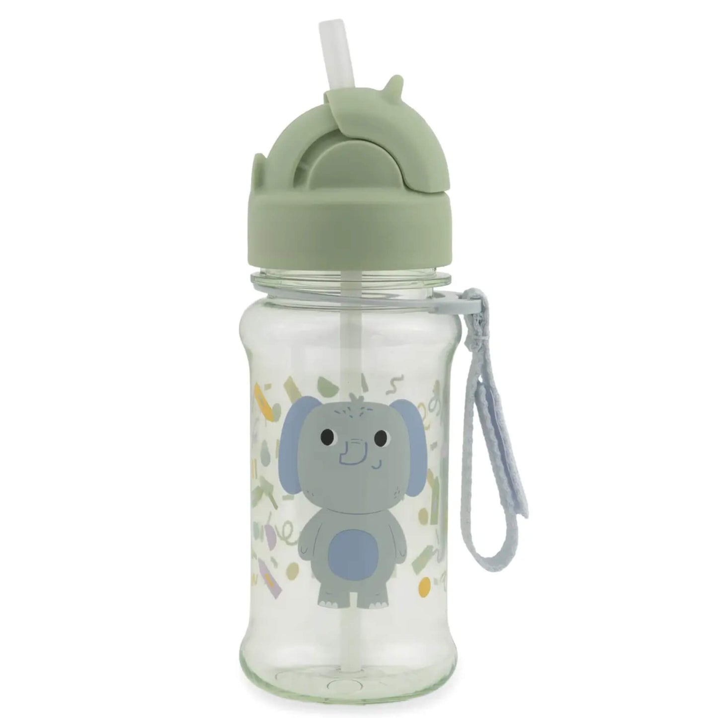 A clear plastic water bottle with a light sage green lid and straw cover, featuring a blue cartoon elephant character on the front. It has a light blue carrying strap attached to the side and is set against a plain white background.
