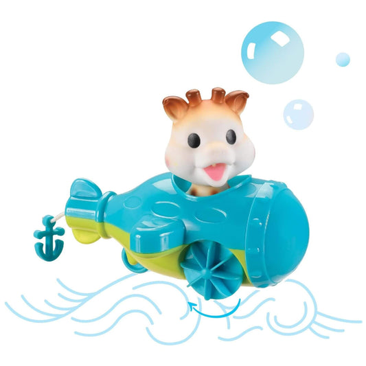 Floating submarine toy with fun water-themed details, perfect for interactive and engaging bath time play.