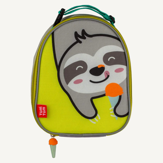 A child-sized insulated lunch bag with a smiling sloth illustration, green zip trim and a carry handle at the top.