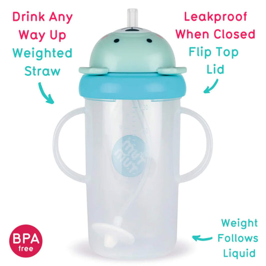 A twin handled children’s straw cup shown from the front, with a bear-shaped flip-top lid, a turquoise collar, and a weighted straw resting at the base of the cup.