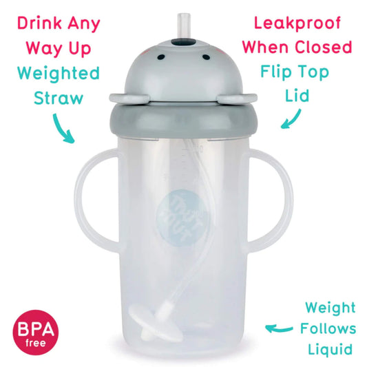 A sippy cup shown from the back with two side handles, a grey koala-shaped flip-top lid, and a weighted straw resting at the bottom of the cup.