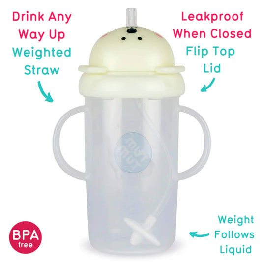 Glow-in-the-dark Pete Polar Bear sippy cup shown with labelled features including weighted straw, flip-top lid and leak-resistant design when closed.