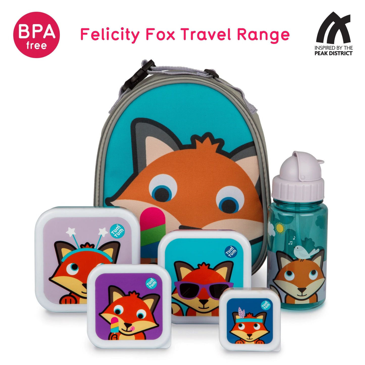 A coordinated children’s lunch set featuring a fox-themed insulated lunch bag, matching water bottle, and four square nesting snack pots in different sizes.