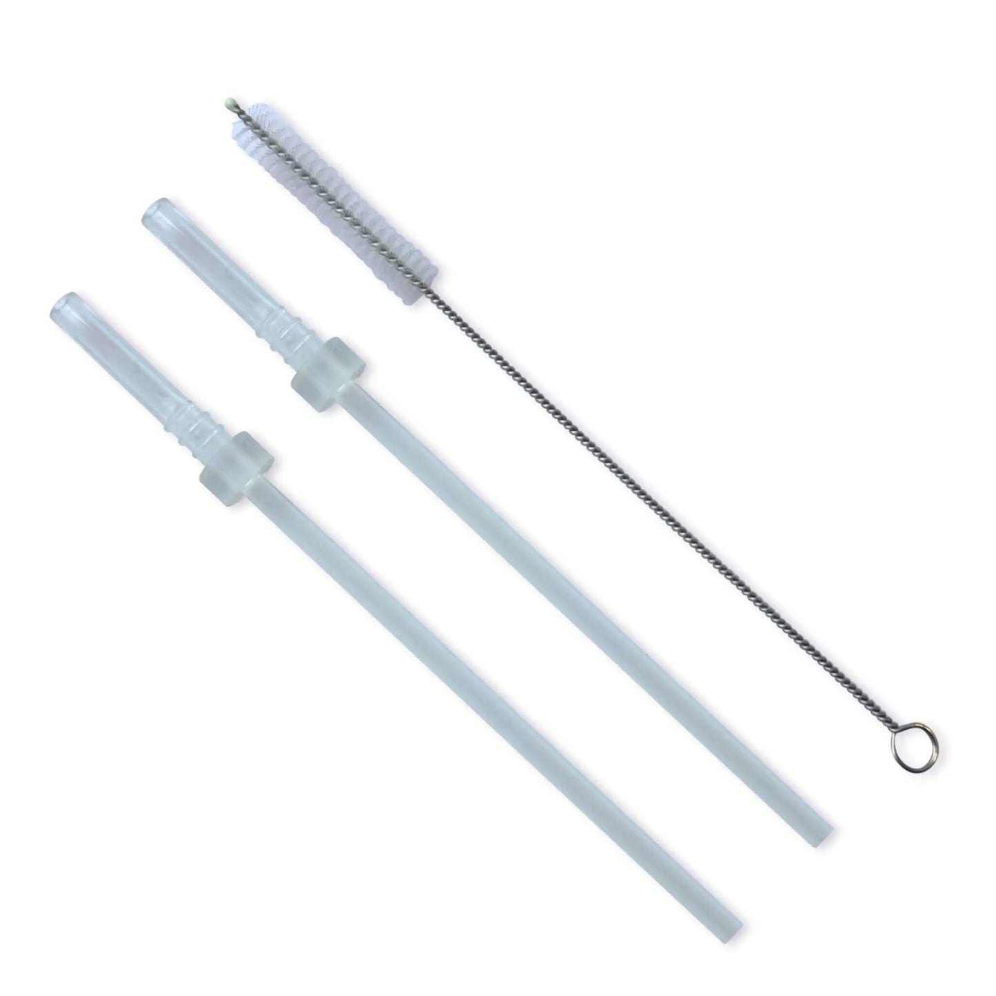 TUM TUM replacement straw set with two clear straws and a cleaning brush for children’s water bottles on a white background