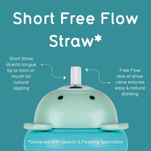 A TUM TUM sippy cup with a short straw, shown on a teal background with white text explaining the Short Free Flow design.