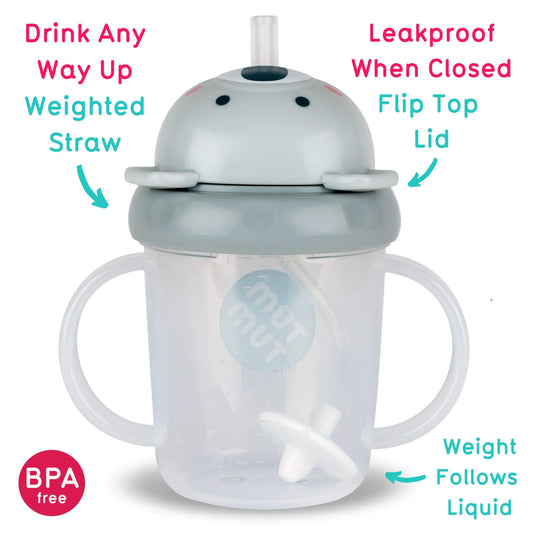 Grey koala-shaped toddler cup with labelled features reading “Drink any way up weighted straw,” “Leakproof when closed flip top lid,” and “Weight follows liquid,” shown on a pale background with BPA-free icon.