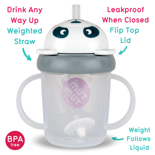 White panda character cup shown with weighted straw, with on-image text reading “Drink Any Way Up”, “Weighted Straw”, “Leakproof When Closed”, “Flip Top Lid”, and “Weight Follows Liquid”, using pink and teal callouts.