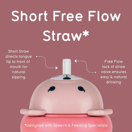 TUM TUM Tippy Up Cup in the pink Betsy Bear design, with two handles, a free-flow straw and weighted base.