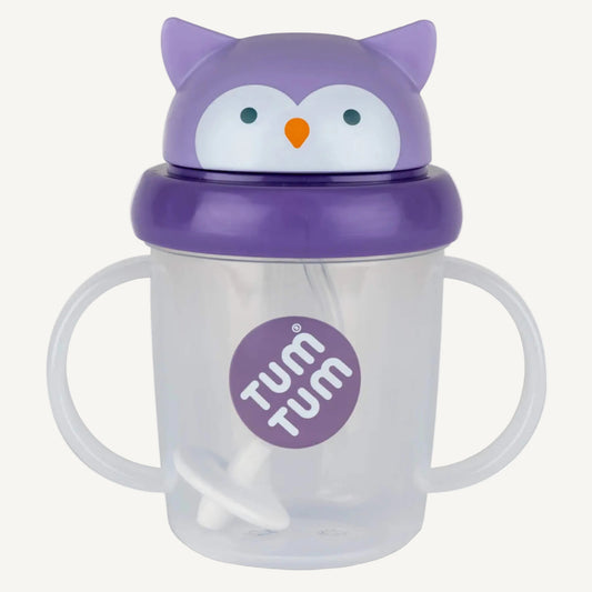 A clear handled sippy cup with a purple flip-top lid, owl character design, and an internal weighted straw visible inside the cup.