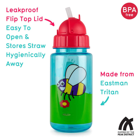 Toddler water bottle with bugs design, BPA-free, made from Eastman Tritan, featuring a leakproof flip top lid and built-in straw.