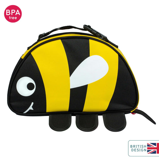 BPA-free, British design TUM TUM insulated lunch bag, featuring bee design. With yellow and black stripes, a smiling face, and a carry handle.