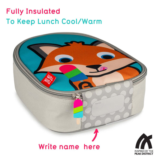 TUM TUM insulated lunch bag, Felicity Fox design, with a space to write a name, fully insulated to keep food cool/warm, and easy-to-carry handle.