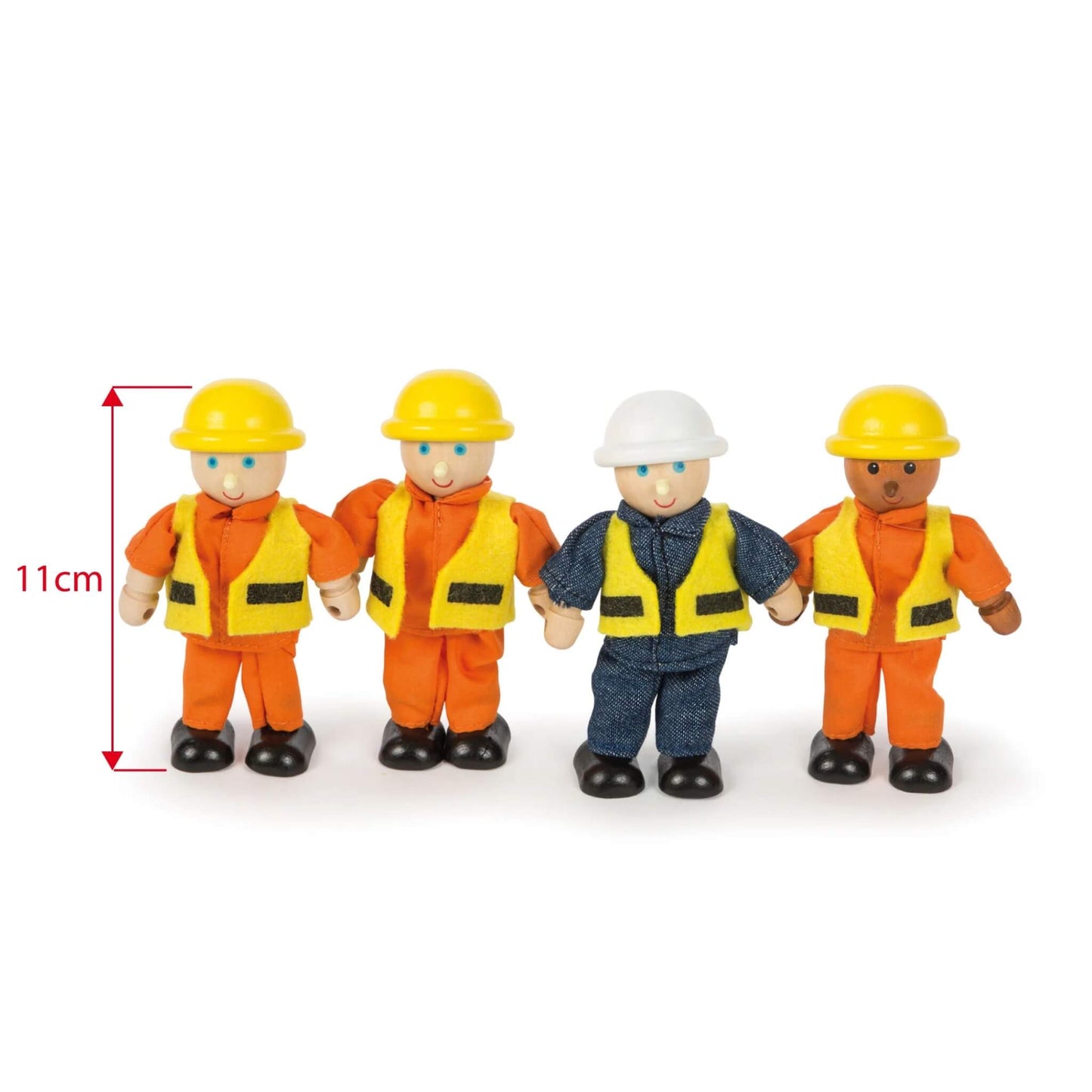 Close-up of the four wooden construction workers with a red measurement arrow showing their height as 11cm tall.