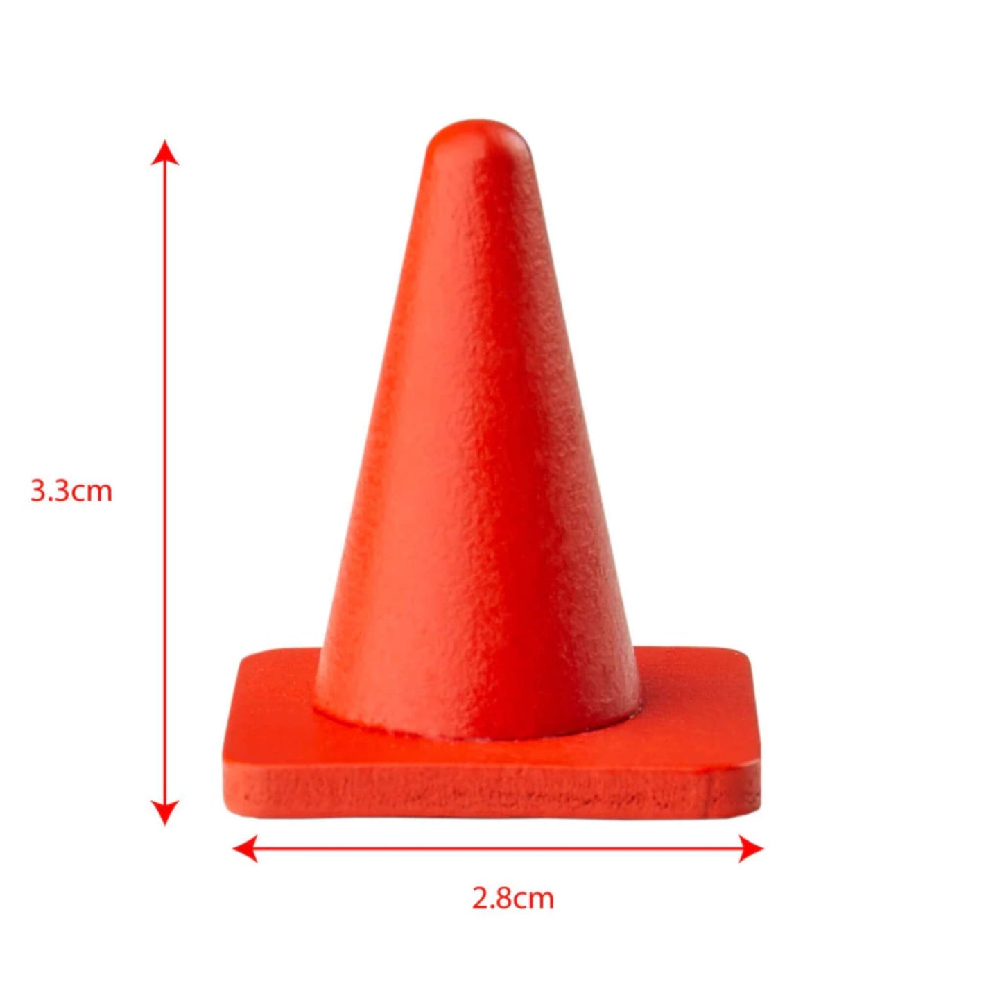 Detailed close-up of one of the wooden traffic cones included in the set, showing its bright red paint finish and 3.3cm height.