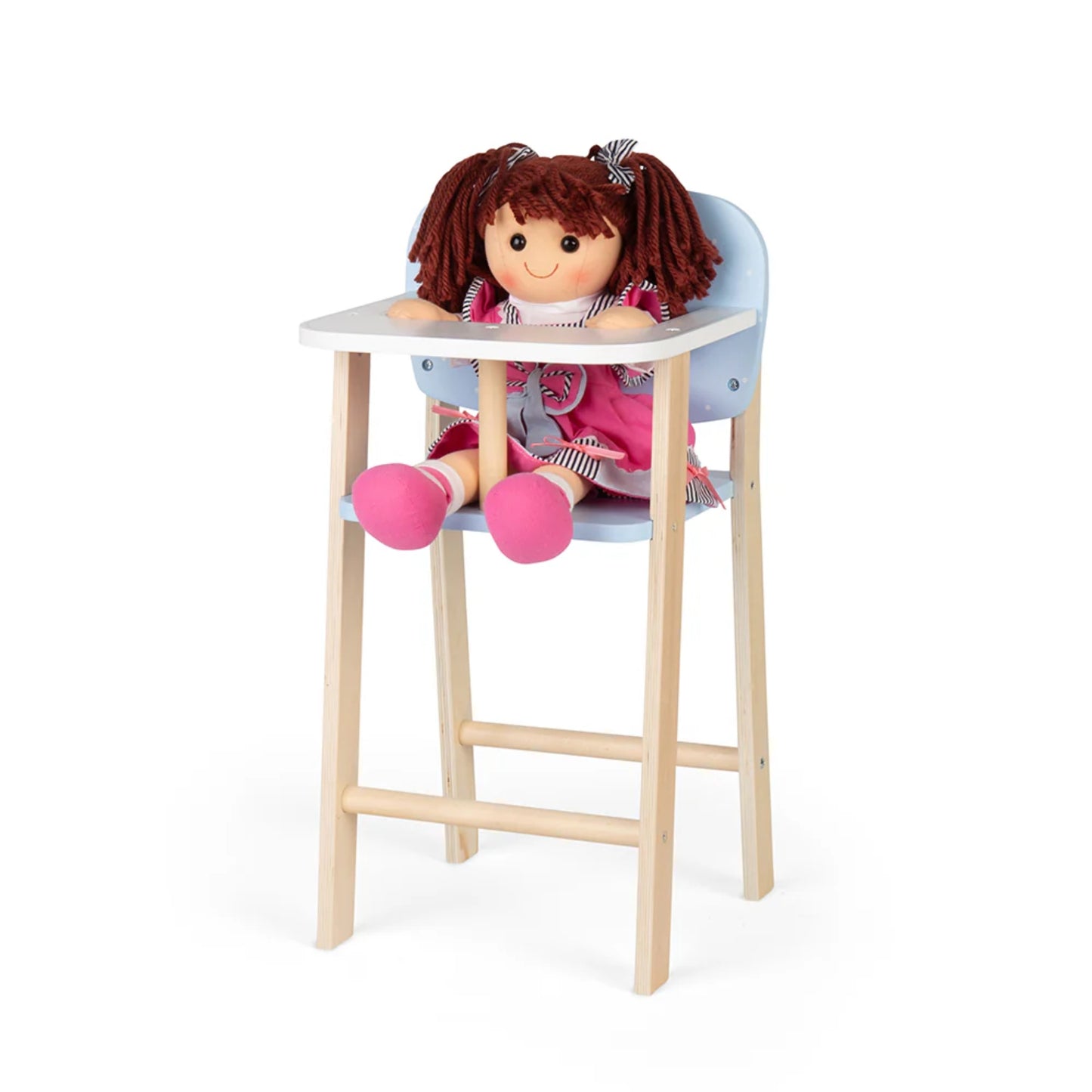 Soft rag doll sitting upright in the Tidlo Doll’s Highchair, ready for a make-believe mealtime