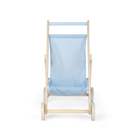 Front-facing view of a wooden doll stroller with a pale blue fabric seat and four wheels, styled with a simple and minimal Scandinavian look.