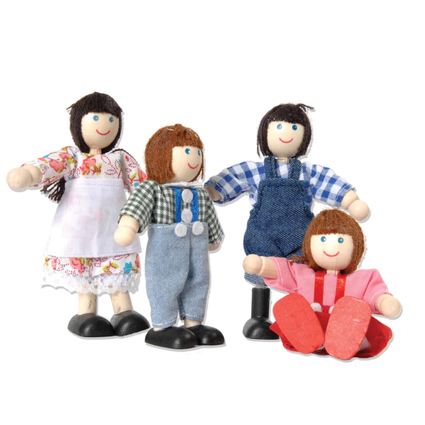 The Tidlo Farm Family dolls pose in a relaxed group setting, with one child sitting cross-legged and smiling.