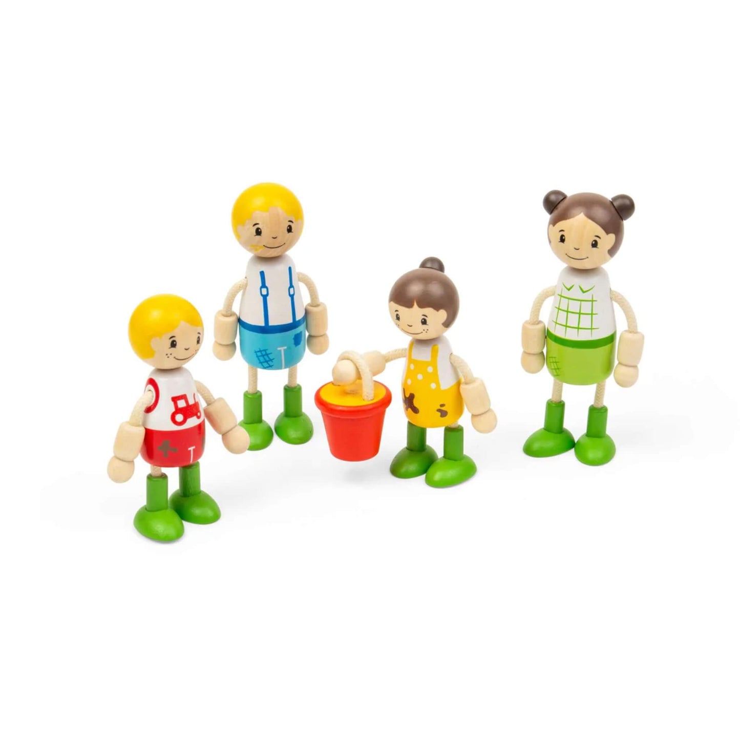 Four wooden farm family figures arranged around a red bucket, with a child doll holding the bucket handle during pretend farm play.