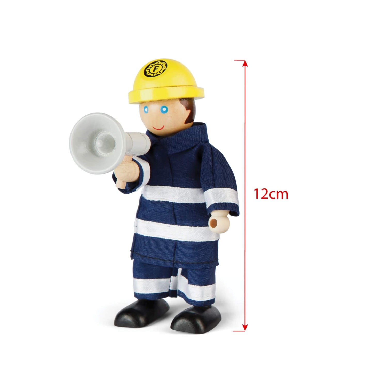 Wooden firefighter doll holding a megaphone, with red text marking the figure’s 12cm height.