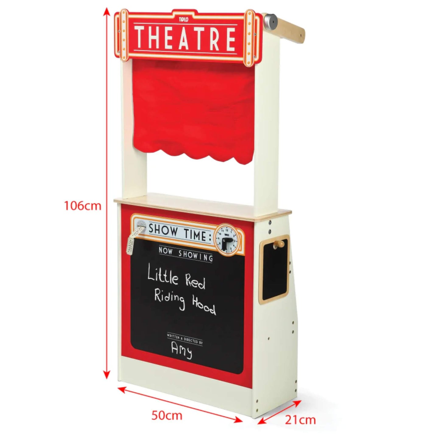Dimensions of the Tidlo Play Shop & Theatre displayed, showing the height (106cm), width (50cm) and depth (21cm) with red theatre curtain down.