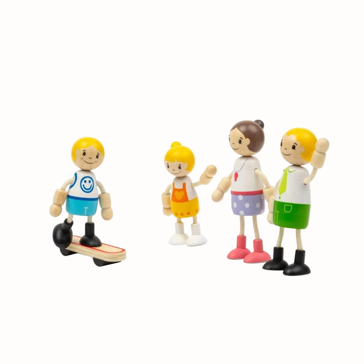 A child wooden toy figure standing on a wooden skateboard while the other family figures look on.