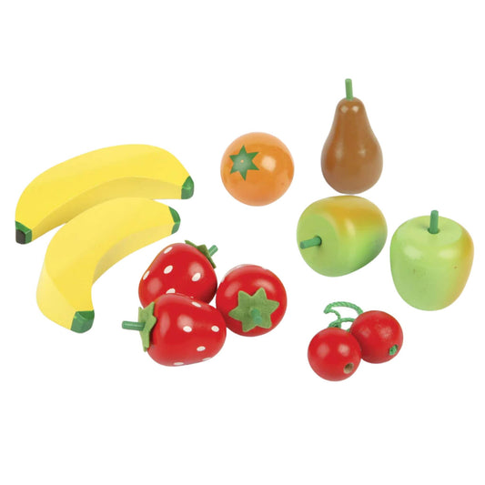 Wooden toy fruit pieces including bananas, strawberries, apples, cherries, pear, and orange from a children’s play set, laid out on a white background.