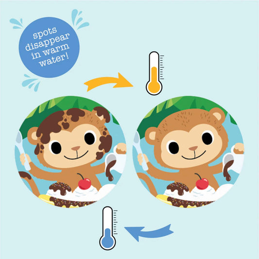 Side-by-side illustration of a monkey covered in chocolatey mess that disappears in warm water and reappears when cool, with temperature icons.