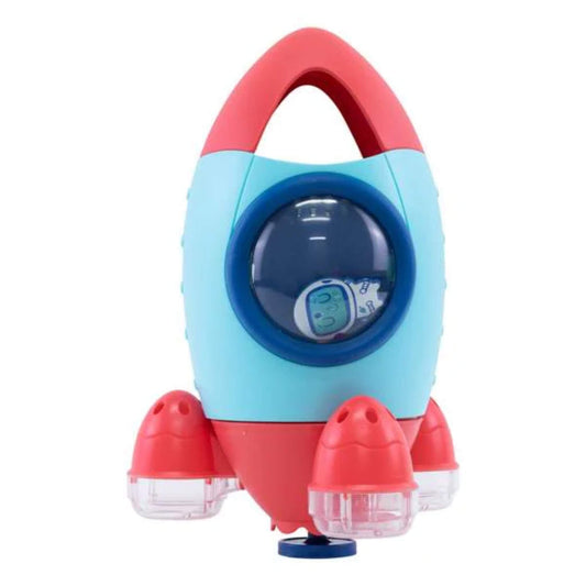 Close-up of the Bath Rocket toy upright on a white background, showing its handle, jets, and clear viewing window with astronaut inside.
