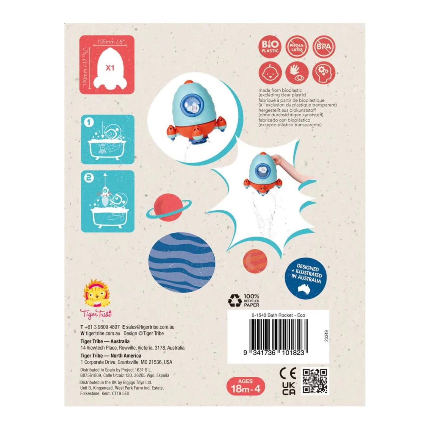 Back of the packaging showing features like bioplastic material, phthalate and BPA free design, and age suitability from 18 months to 4 years.