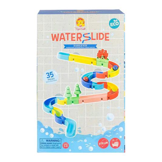 Tiger Tribe ECO Marble Waterslide box showing the 35-piece set with a large product photo and playful underwater-themed design, suitable for ages 3 to 6.
