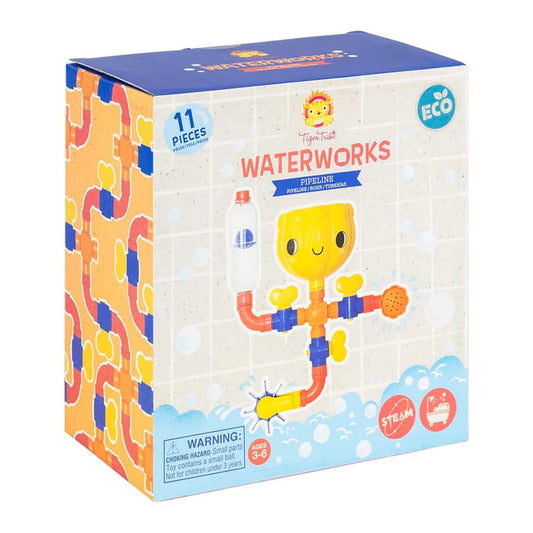 Side view of the Tiger Tribe ECO Waterworks - Pipeline packaging, showing the assembled toy and graphics on the box design.