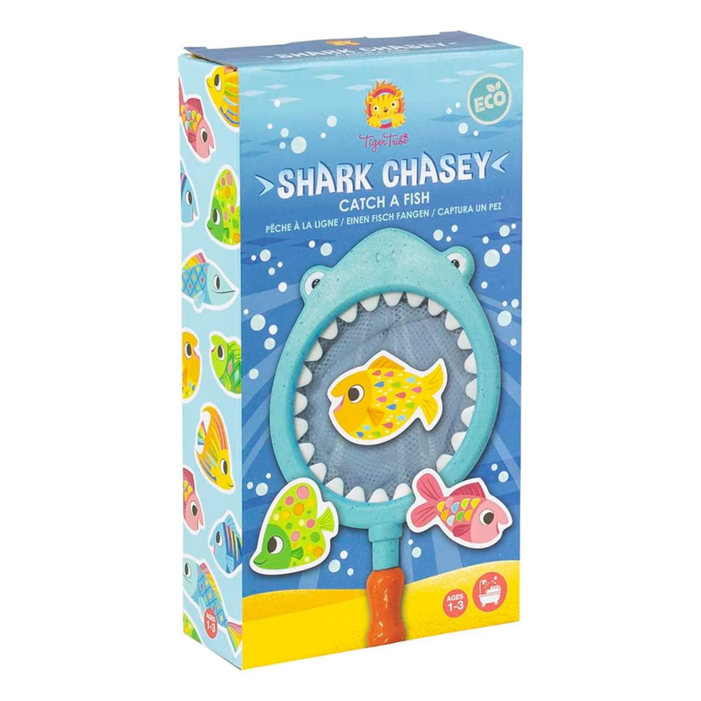 Angled shot of the Shark Chasey product box, highlighting the front and side panel designs with cheerful fish illustrations and age suitability label.