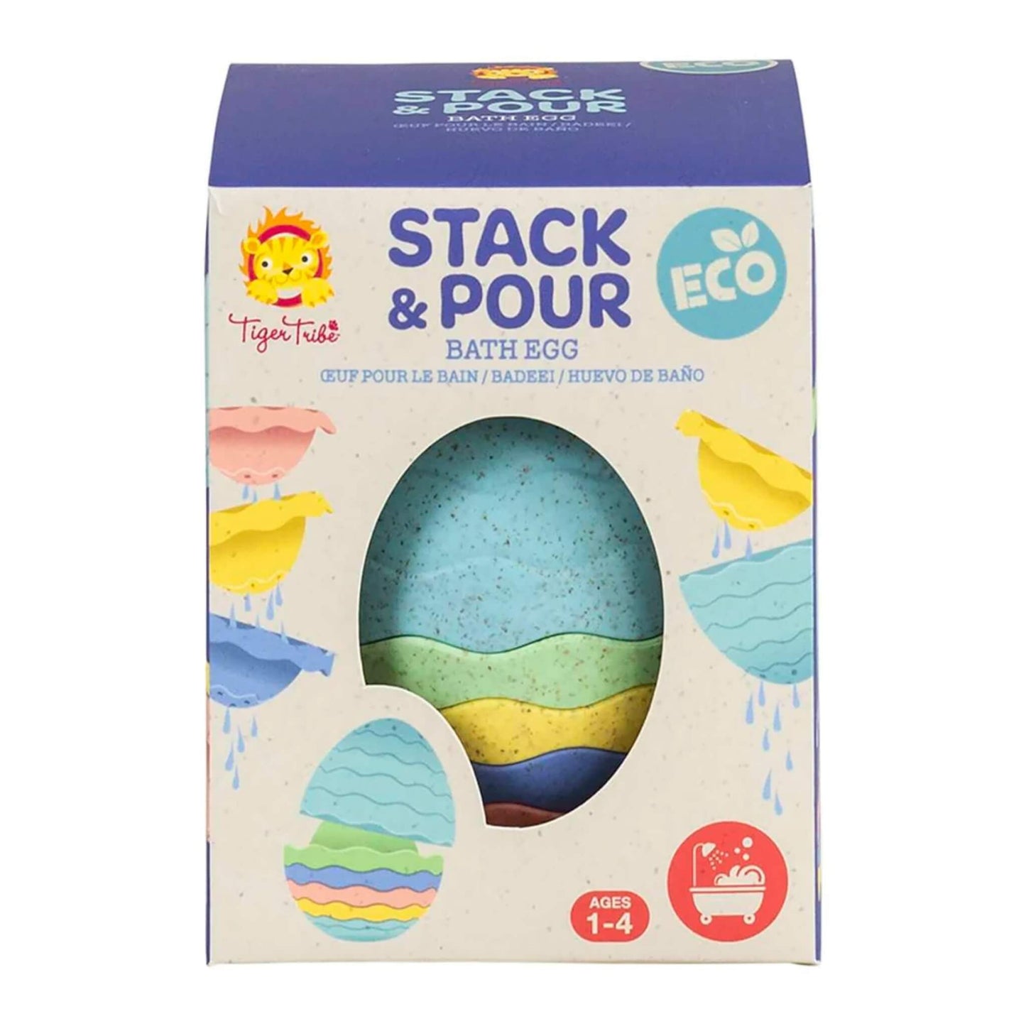 Front view of the boxed Stack & Pour ECO Bath Egg with bold product name, Tiger Tribe branding, and age recommendation for 1–4 years.