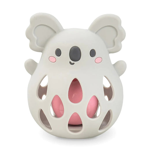 The Tiger Tribe Koala Silicone Teether and rattle is a baby toy featuring a koala-themed design and producing a gentle rattling sound.