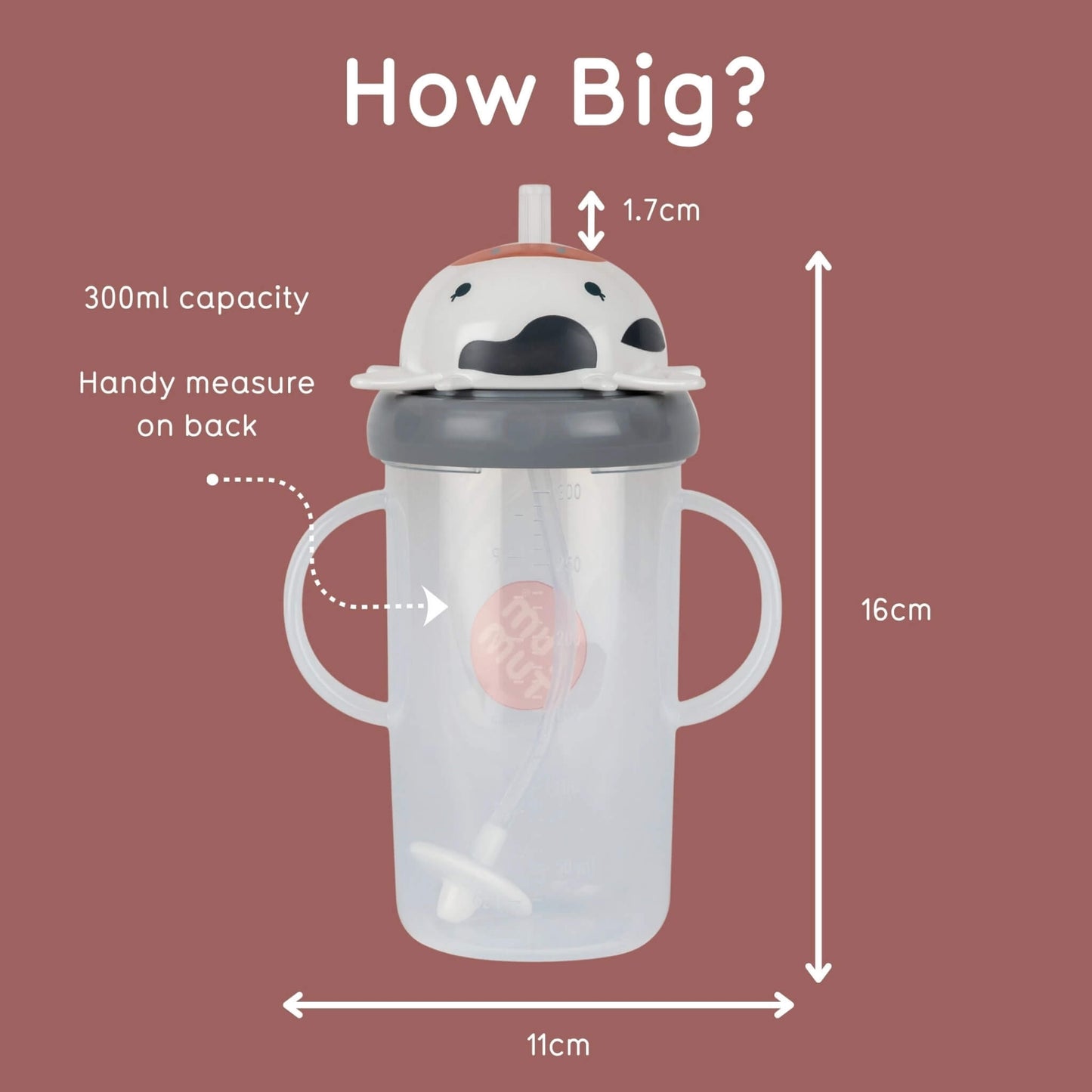A toddler sippy cup with two handles and a spout lid, shown on a dusty rose background with measurement labels and text reading 'How Big?' and '300ml capacity Handy measure on back.'.