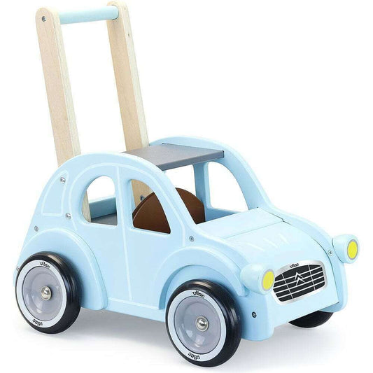 A traditional wooden baby walker inspired by the famous Citroen 2CV