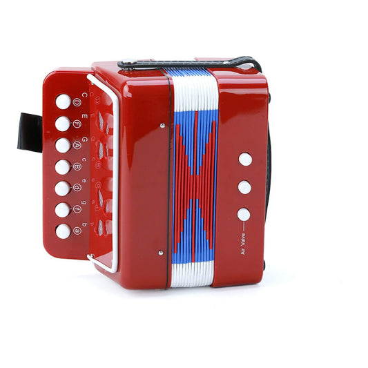 Kids' red, white, and blue toy accordion with 14 tones and 10 keys, designed for musical exploration and fine motor skill development.