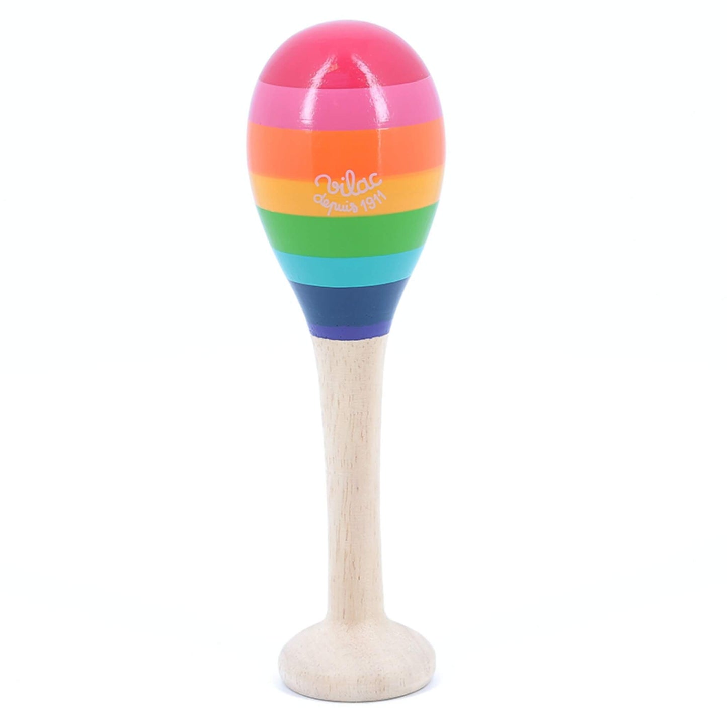 A wooden maraca painted with horizontal rainbow-coloured stripes and a natural wood handle.