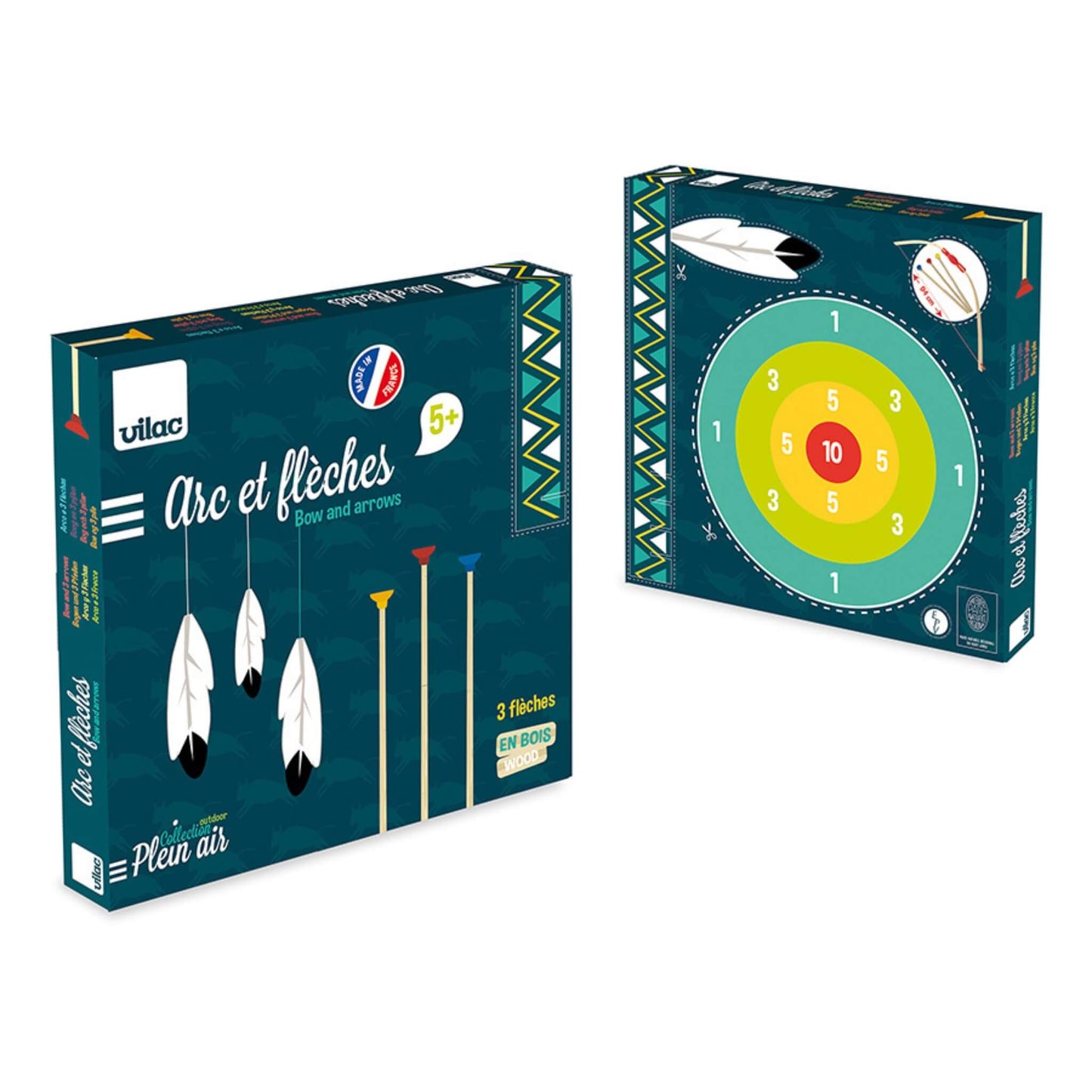 Front and back of a square cardboard box with illustrated feather designs and a colourful circular target graphic with scoring rings from 1 to 10.